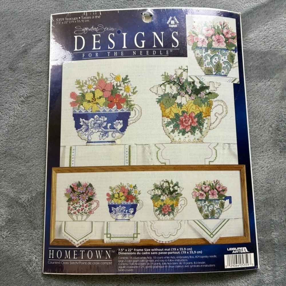 Leisure Arts Hometown Teacups Counted Cross Stitch Kit 5359 Floral 7.5x22 NEW